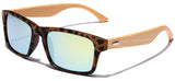 Square Bamboo Wood Temples Sports Sunglasses with Reflective Mirror Lenses