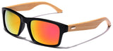 Square Bamboo Wood Temples Sports Sunglasses with Reflective Mirror Lenses
