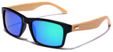 Square Bamboo Wood Temples Sports Sunglasses with Reflective Mirror Lenses