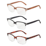 Pack of 3 Plastic Reading Glasses - Rubber Style & Feel Top Rimmed Frames with Silver Trim & Clear AC Lenses -