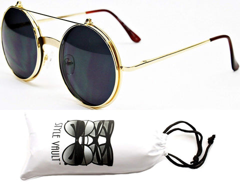 V135-vp  Round Flip up Django Steampunk Metal Sunglasses