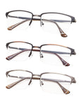 3-Pack Half-rim Brushed Metal Reading Glasses with Spring Hings