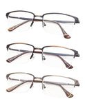 3-Pack Half-rim Brushed Metal Reading Glasses with Spring Hings