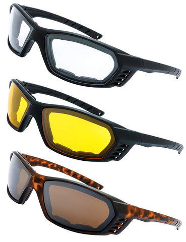 3 Pairs Motorcycle Riding Glasses Padded Frame Lens Block 100% UVB for Outdoor Activity Sport