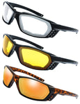 3 Pairs Motorcycle Riding Glasses Padded Frame Lens Block 100% UVB for Outdoor Activity Sport