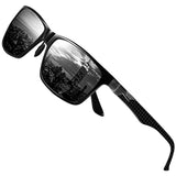 Mens Classic Rectangular Polarized Metal Frame Sunglasses with Carbon Fiber Temples 8206