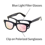 [2-in-1 SET] Blue Light Blocking Glasses with Clip On Polarized Sunglasses, Retro Lightweight Frame Men/Women