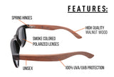 Polarized Walnut Wood Wayfarer Sunglasses Set | Black Lenses| Wire or Full Frame | Spring Hinges | Carrying Case | Cleaning Cloth | Protective Pouch |