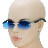 Elite Slim Rimless Rectangular Metal & Wood Art Aviator Sunglasses