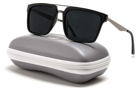 - Double Nose Bridge Square Black Lens Black Frame Sunglasses