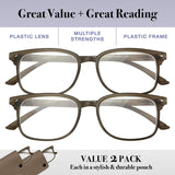 Reading Glasses 2 Pack  Men's and Women's Readers - Plastic Frames- 2 Pouches