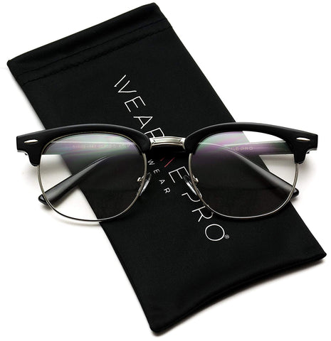 Vintage Inspired Classic Half Frame Clubmaster Horn Rimmed Clear Lens Glasses
